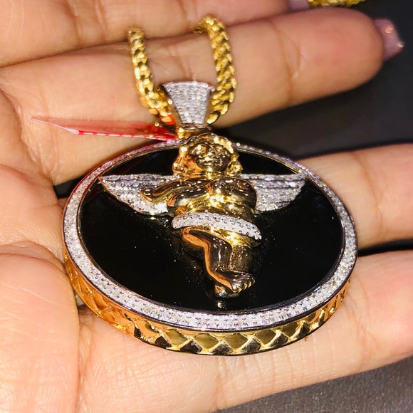 Stunning real diamond large mens angel round memorial pendant custom made NOT CZ - Picture 3 of 9